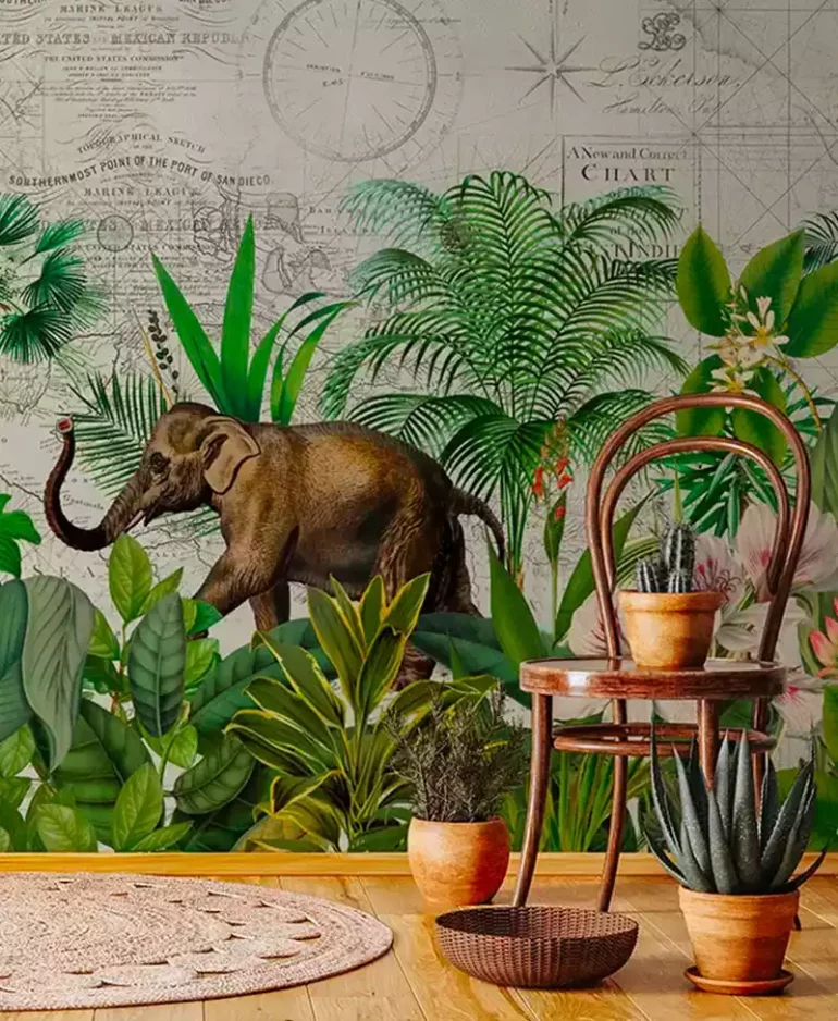 Paysage tropical vert et fleurs avec éléphant et rhinocéros