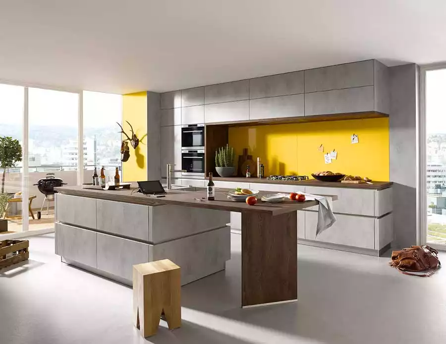 cuisine - living room: ilot central cuisine jaune