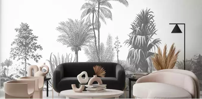 Un décor tropical en noir et blanc avec plusieurs essences d'arbres bananiers palmiers