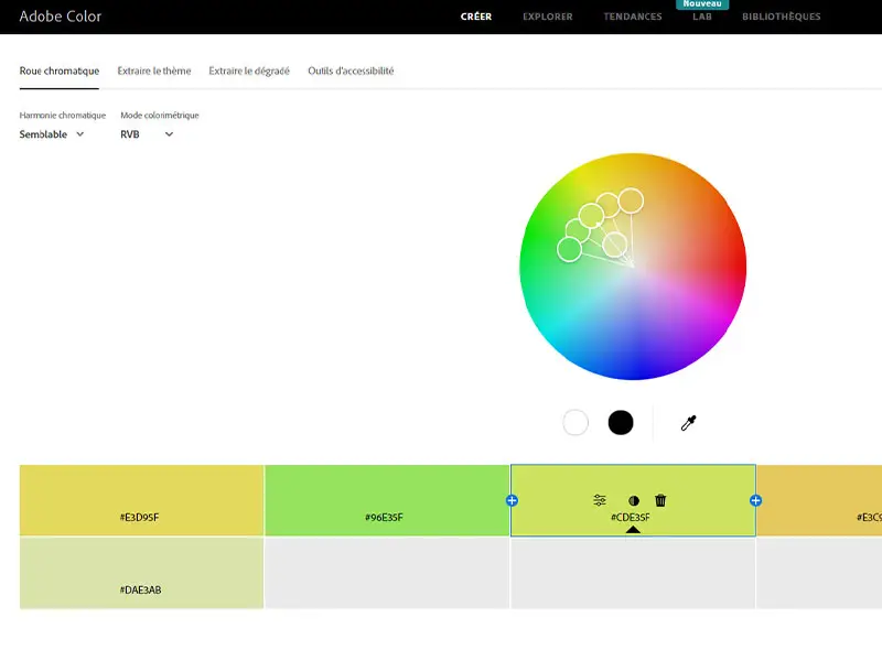 Interface Adobe Color qui permet de choisir des couleurs sur son cercle chromatique interactif