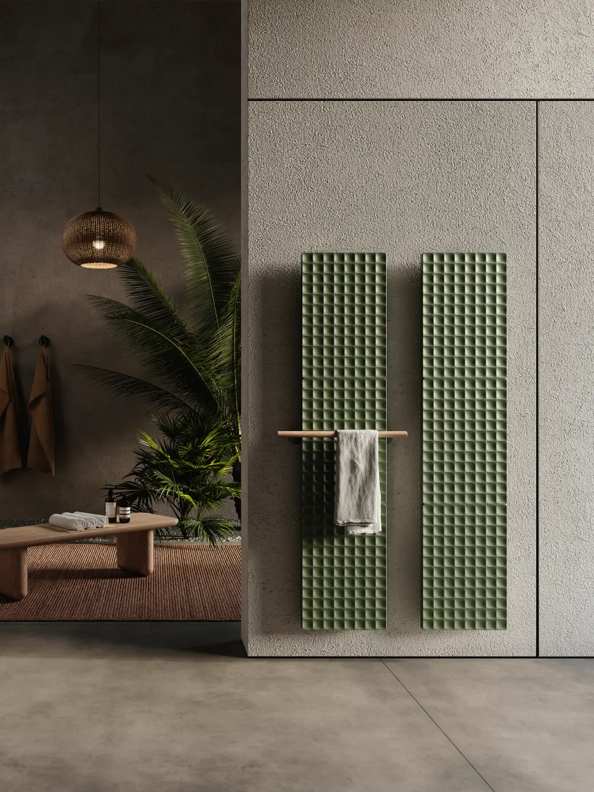 Radiateur rectangulaire vert, relief carreaux et porte-serviettes