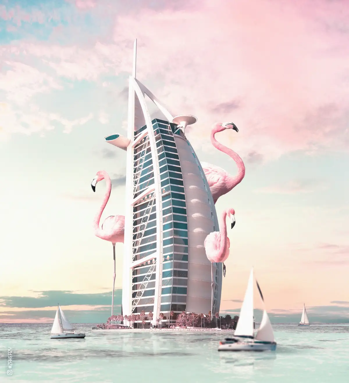 City Dreams, photomontage de la Burj al-Arab de Dubaï, flamants roses, bateaux
