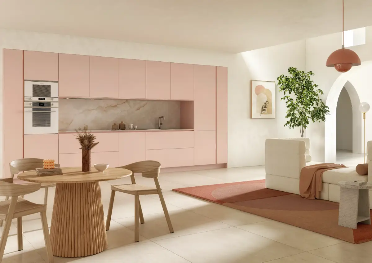 Cuisine minimaliste marbre rose intégrée au séjour