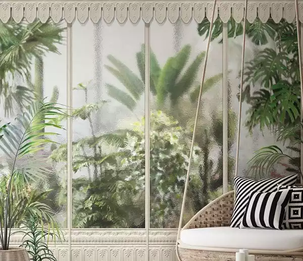 Décor en trompe l'œil d'une serre tropicale