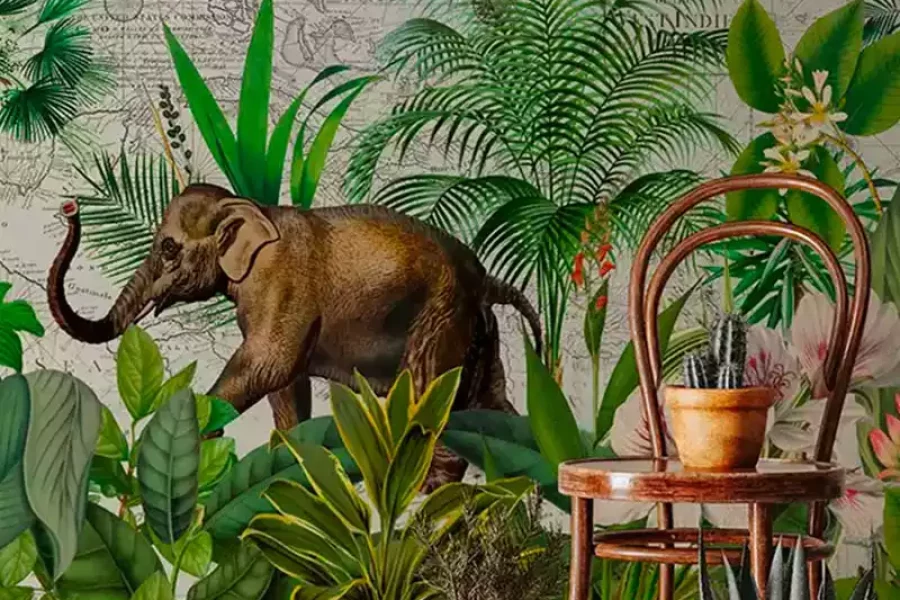 Paysage tropical vert et fleurs avec éléphant et rhinocéros