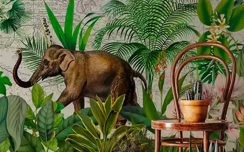 Paysage tropical vert et fleurs avec éléphant et rhinocéros