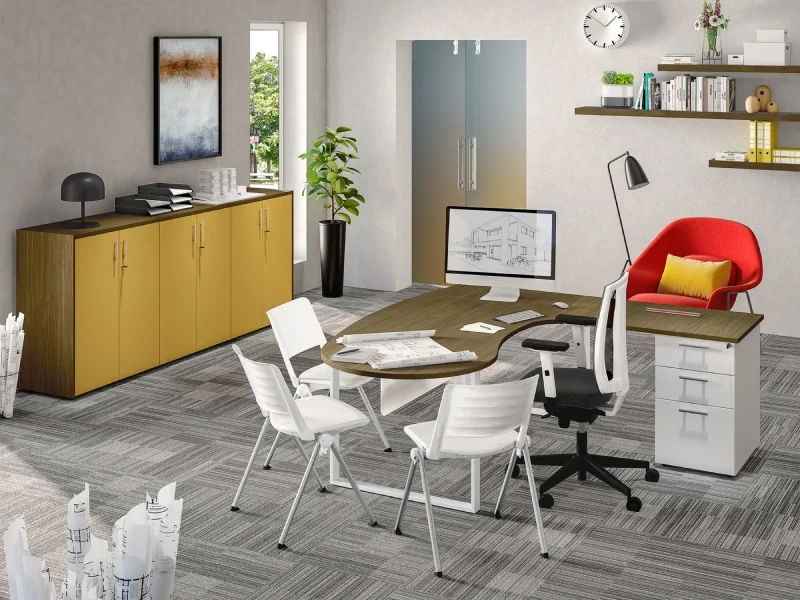 Bureau compact d'angle avec côté arrondi pour réunion, bureau professionnel blanc et bois