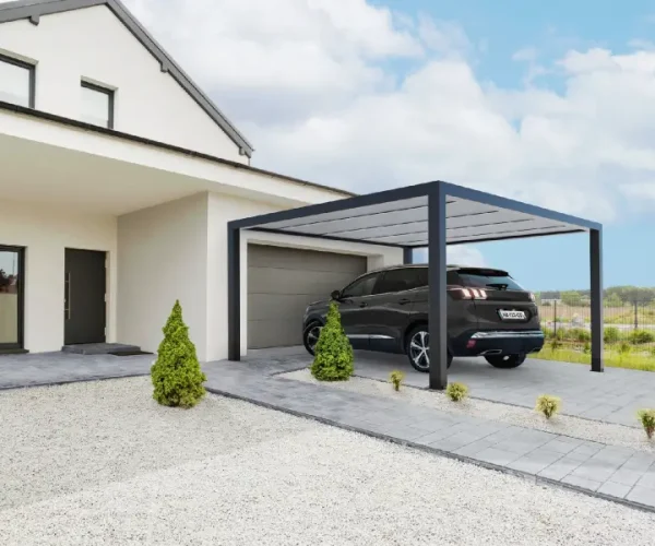 Carport moderne comme abri de voiture, aluminium, en prolongement face avant du garage