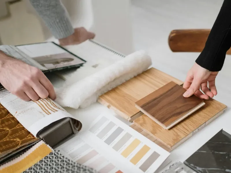 Deux personnes choisissent les matériaux des prochains mobilier
