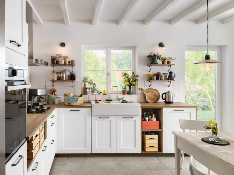 Cuisine blanche avec plan de travail en bois clair