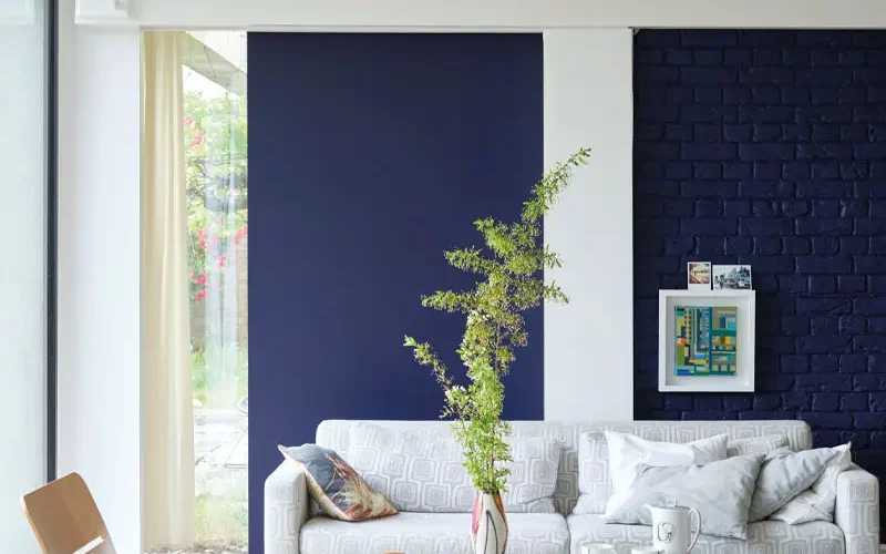 Salon avec canapé, mur peint en bleu