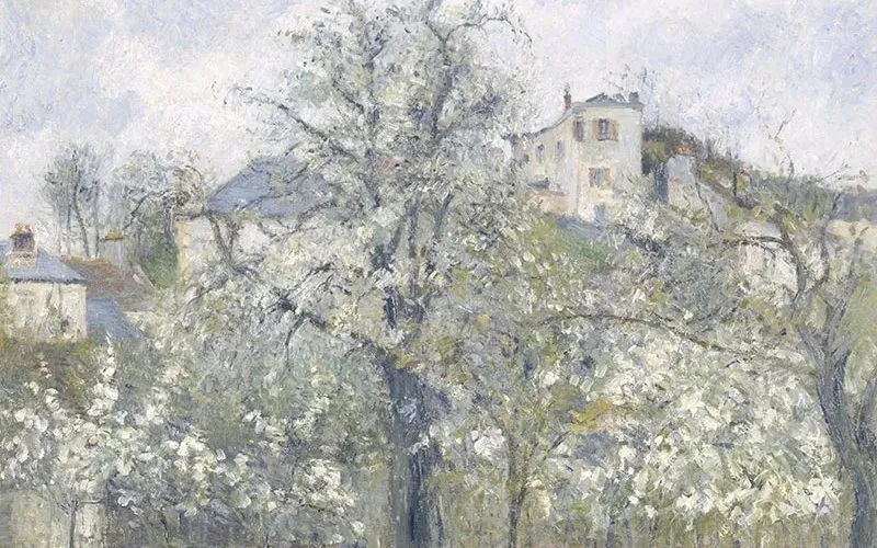 Œuvre impressionniste Printemps. Pruniers en fleurs de Camille Pissarro, appartenant à la collection du musée d'Orsay, visible au MUba de Tourcoing