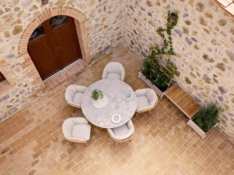 Table de jardin ronde, sélection tendance, bois et plateau en céramique