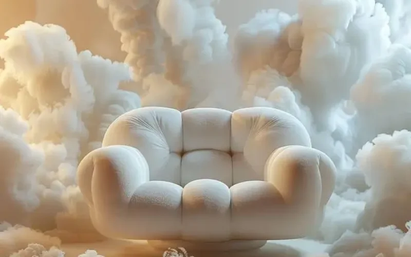 Canapé blanc aux formes arrondies esprit nuage devant un fond représentant la volupté des nuages