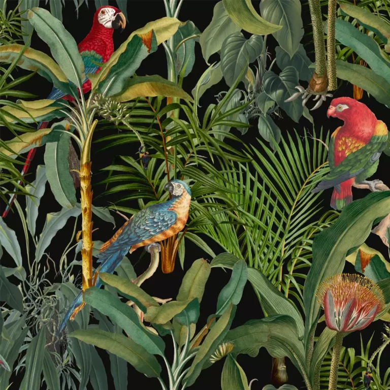 imprimé jungle brésilienne teintes vertes sur fond noir aras rouge bleu vert jaune