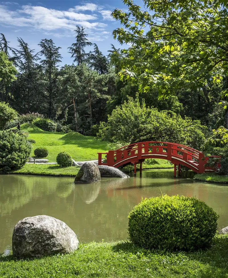 Jardin style japonais avec un pont rouge