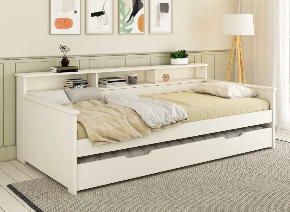 Lit gigogne blanc avec tiroir contenant un second couchage