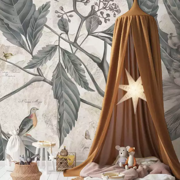Papier peint esprit jungle avec grand feuillage vert, couleurs douces