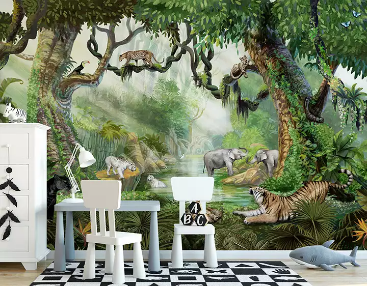 papier peint panoramique jungle avec une rivière entourée d'arbres et de végétation avec des tigres des éléphants un toucan et un zèbre