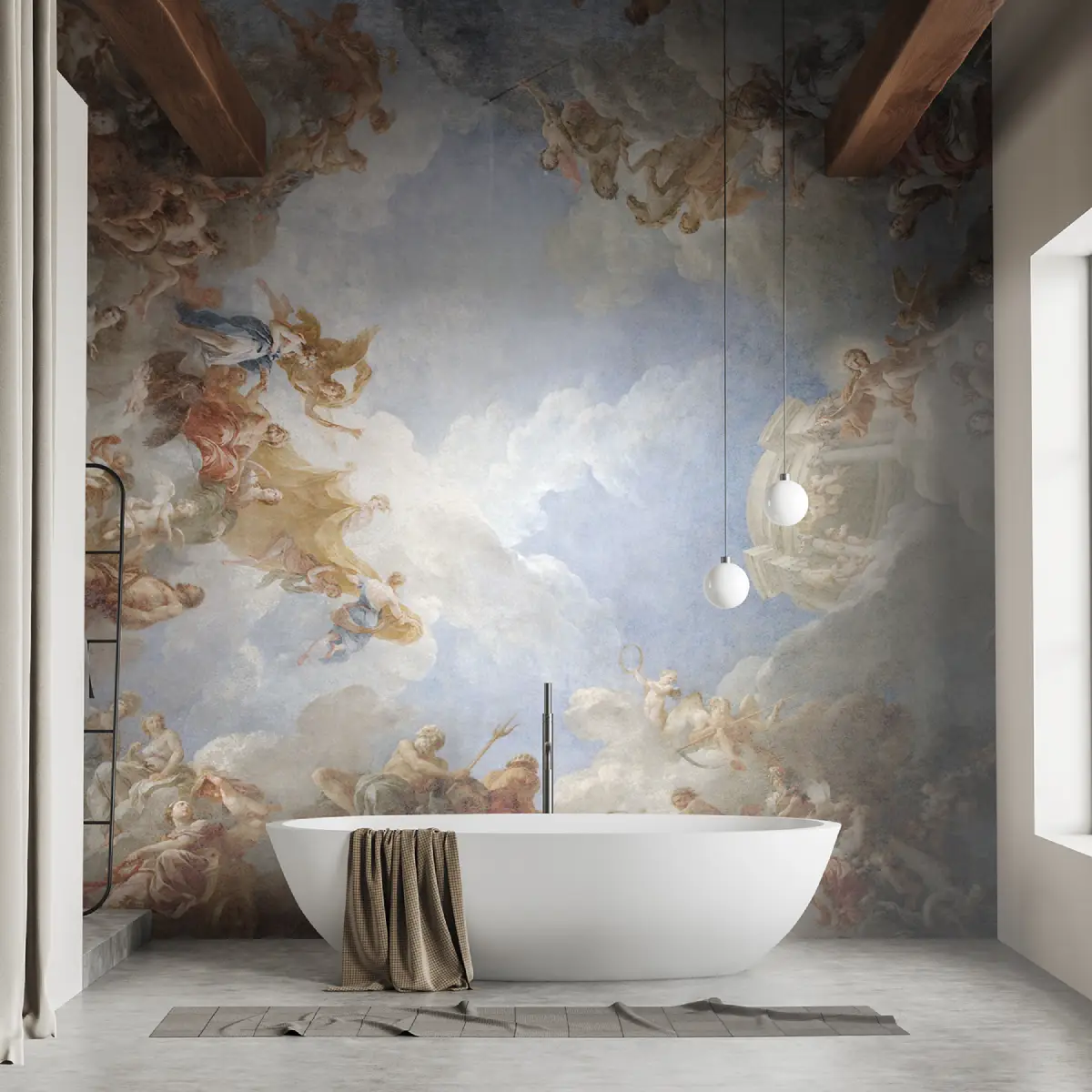 Papier peint panoramique ciel et figures angéliques dans la salle de bain