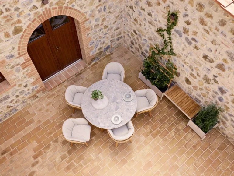 Table de jardin ronde, sélection tendance, bois et plateau en céramique