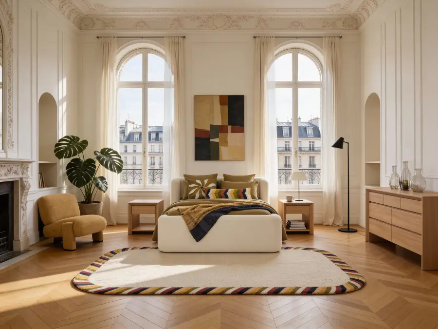 Grand tapis beige avec motif sur le contour dans une chambre, coins arrondis