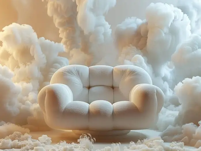 Canapé blanc aux formes arrondies esprit nuage devant un fond représentant la volupté des nuages