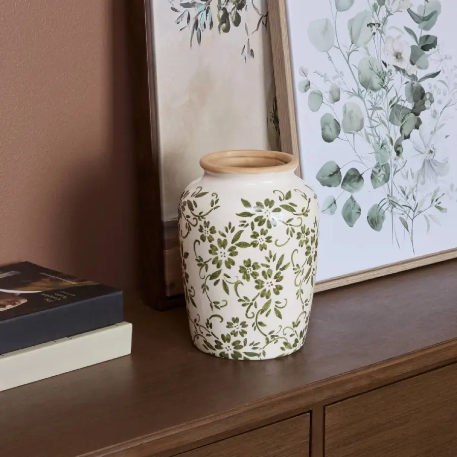 Vase blanc motif lisière vert